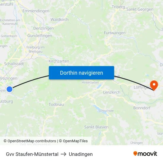 Gvv Staufen-Münstertal to Unadingen map