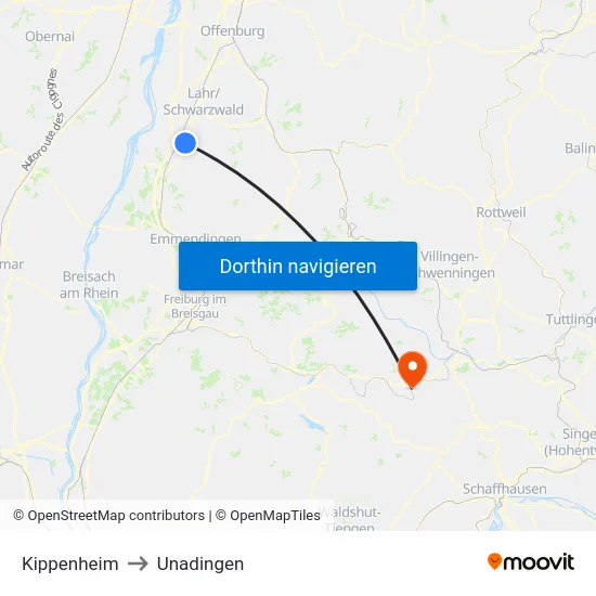 Kippenheim to Unadingen map