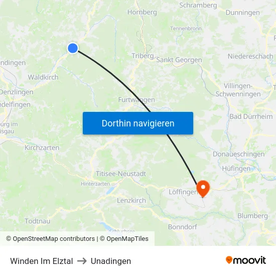 Winden Im Elztal to Unadingen map