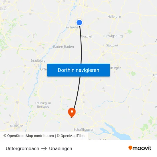 Untergrombach to Unadingen map