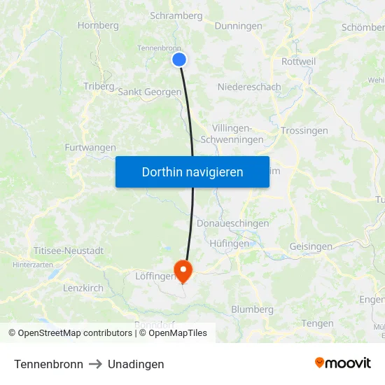 Tennenbronn to Unadingen map