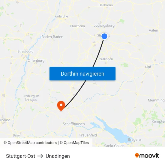 Stuttgart-Ost to Unadingen map