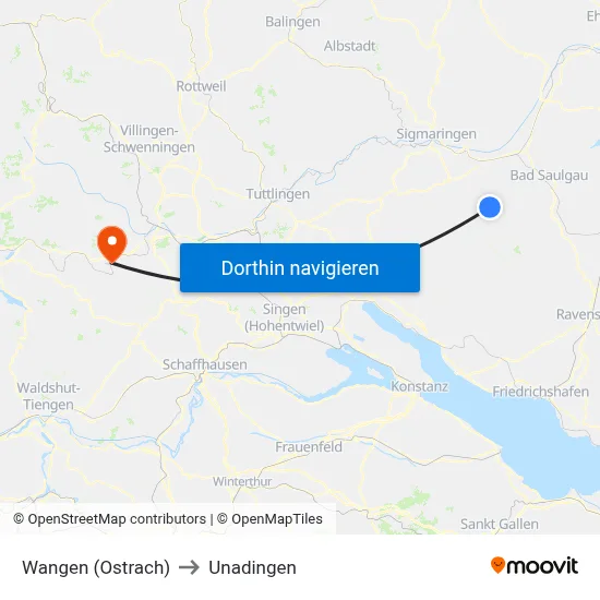 Wangen (Ostrach) to Unadingen map