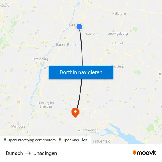 Durlach to Unadingen map