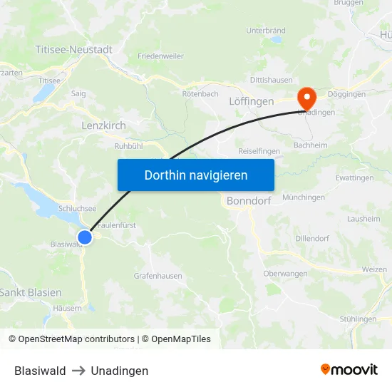 Blasiwald to Unadingen map