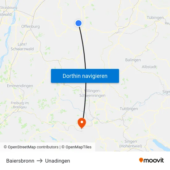 Baiersbronn to Unadingen map