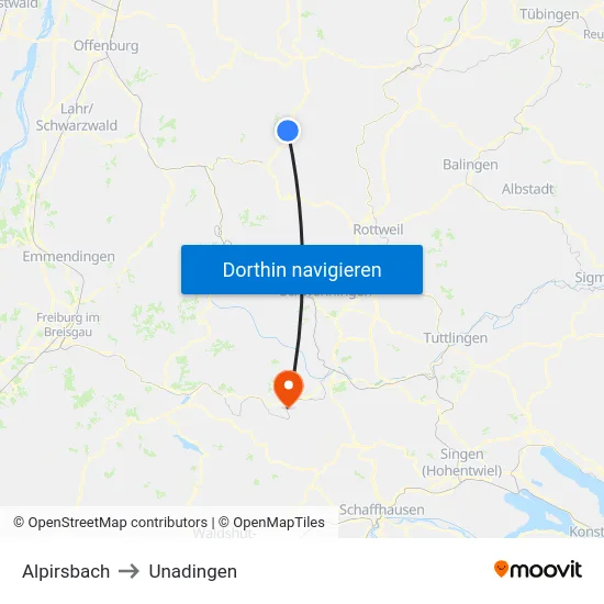 Alpirsbach to Unadingen map