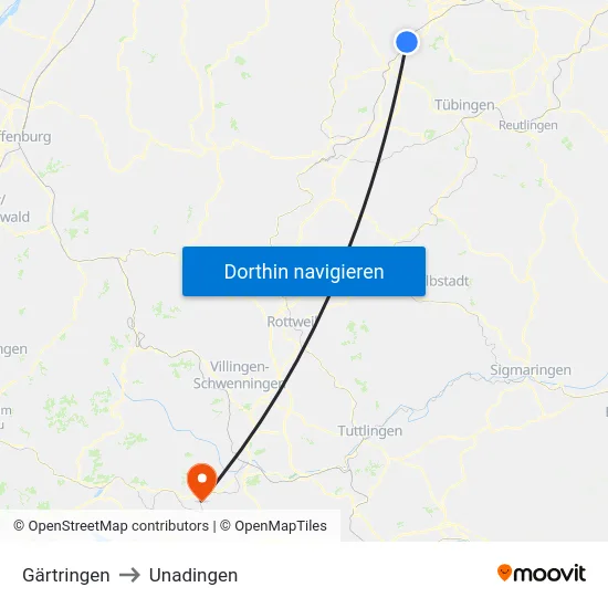 Gärtringen to Unadingen map