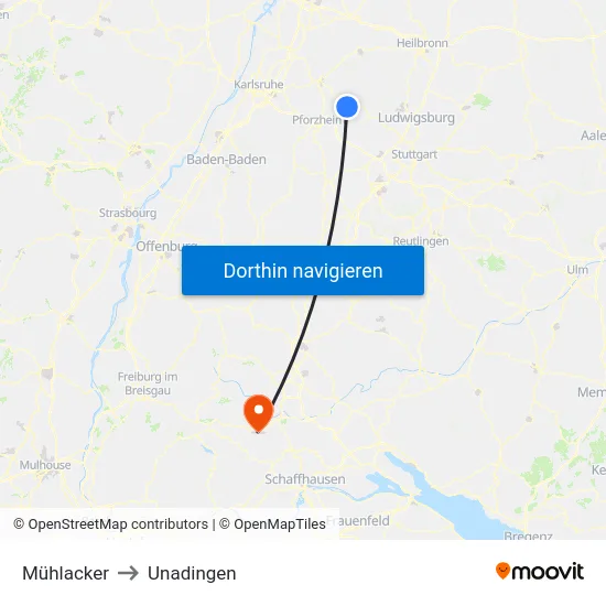 Mühlacker to Unadingen map