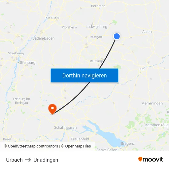 Urbach to Unadingen map
