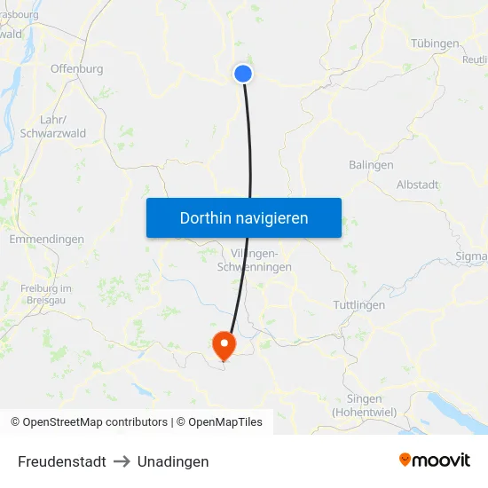 Freudenstadt to Unadingen map