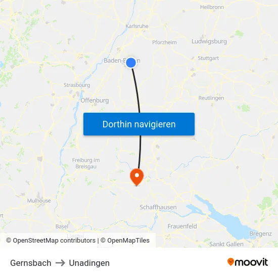 Gernsbach to Unadingen map