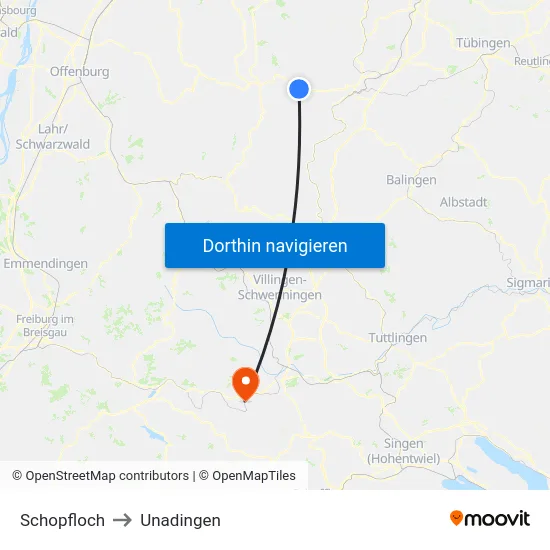 Schopfloch to Unadingen map
