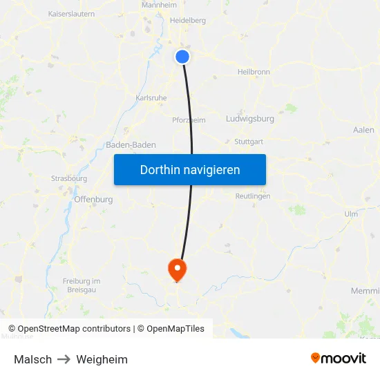 Malsch to Weigheim map