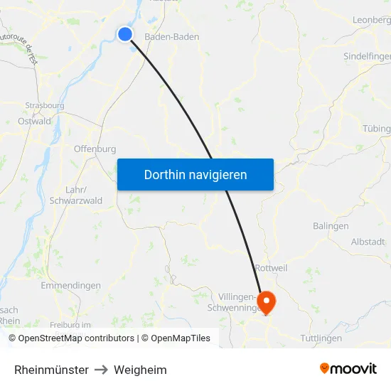 Rheinmünster to Weigheim map