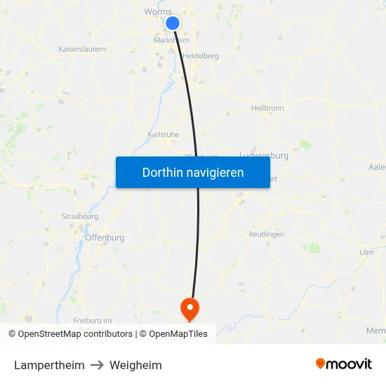 Lampertheim to Weigheim map