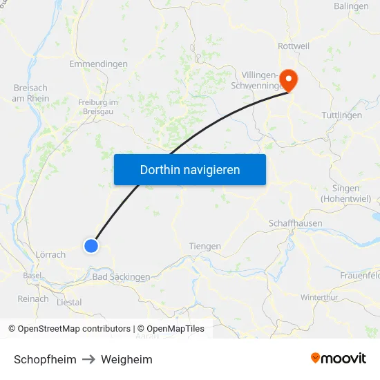 Schopfheim to Weigheim map