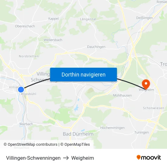 Villingen-Schwenningen to Weigheim map