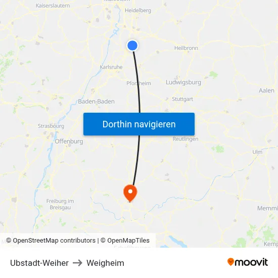 Ubstadt-Weiher to Weigheim map