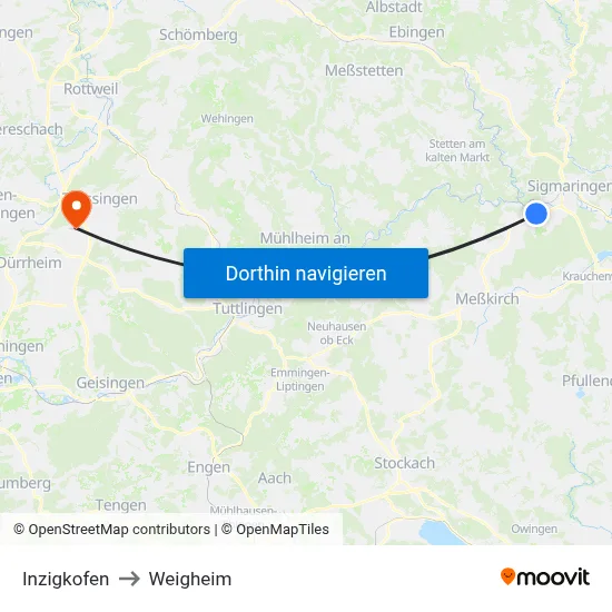 Inzigkofen to Weigheim map