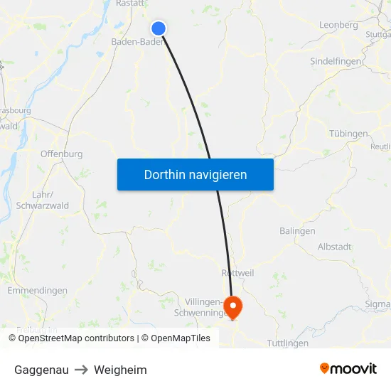 Gaggenau to Weigheim map