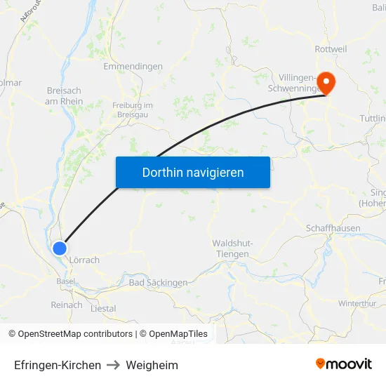 Efringen-Kirchen to Weigheim map
