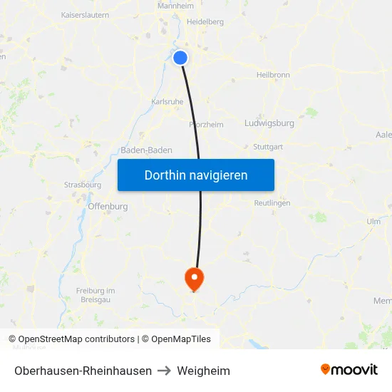 Oberhausen-Rheinhausen to Weigheim map
