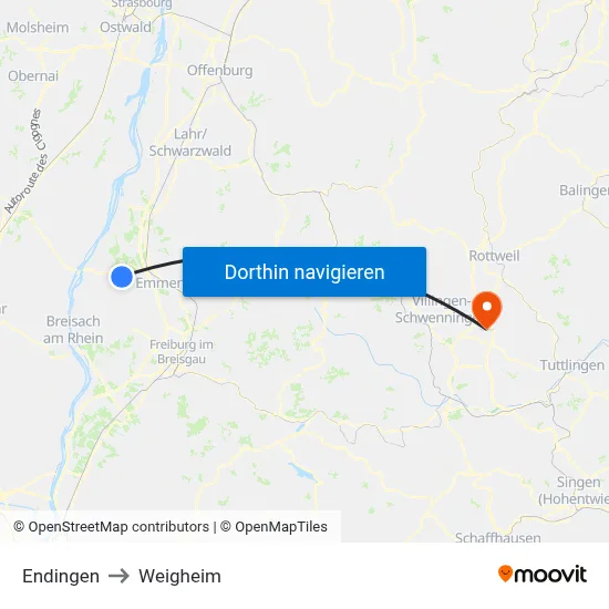 Endingen to Weigheim map