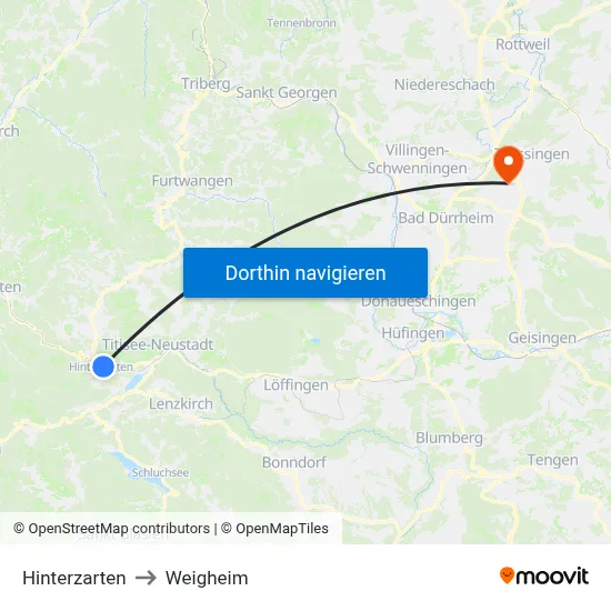 Hinterzarten to Weigheim map