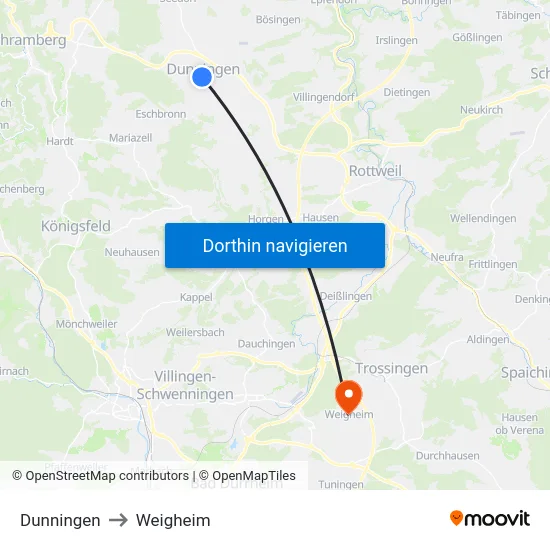 Dunningen to Weigheim map