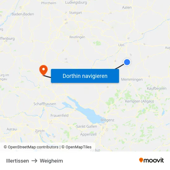 Illertissen to Weigheim map