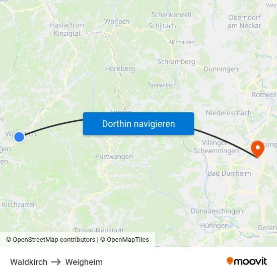 Waldkirch to Weigheim map