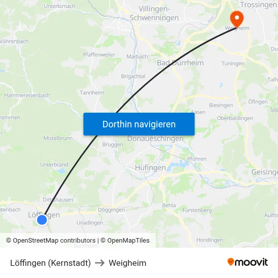 Löffingen (Kernstadt) to Weigheim map