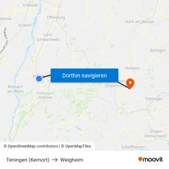 Teningen (Kernort) to Weigheim map