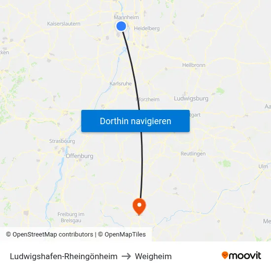 Ludwigshafen-Rheingönheim to Weigheim map
