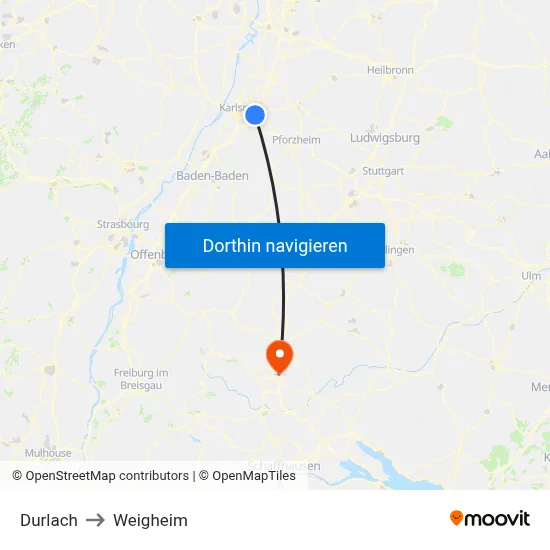 Durlach to Weigheim map