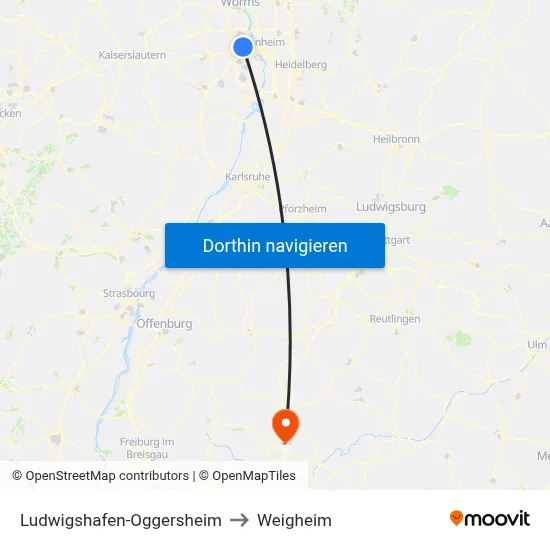 Ludwigshafen-Oggersheim to Weigheim map