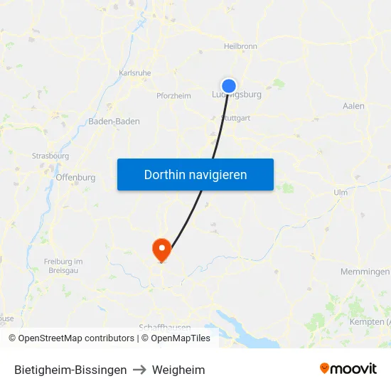 Bietigheim-Bissingen to Weigheim map