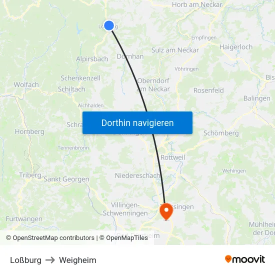 Loßburg to Weigheim map