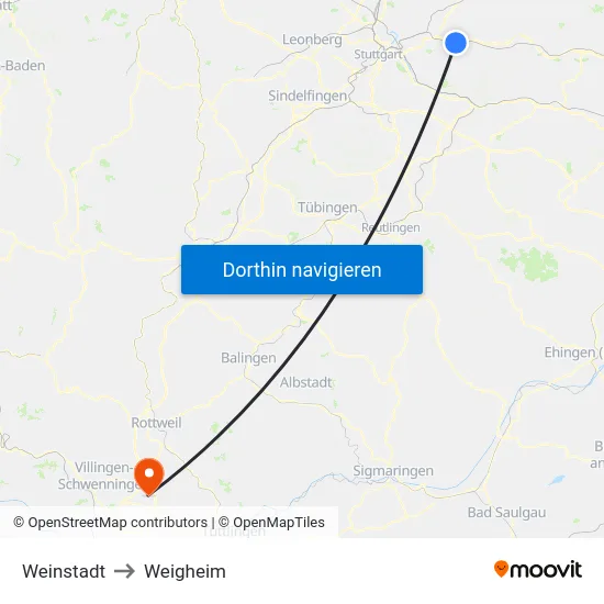 Weinstadt to Weigheim map