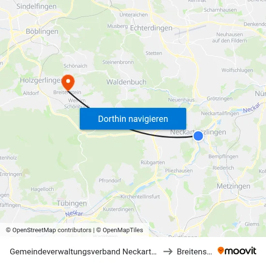 Gemeindeverwaltungsverband Neckartenzlingen to Breitenstein map
