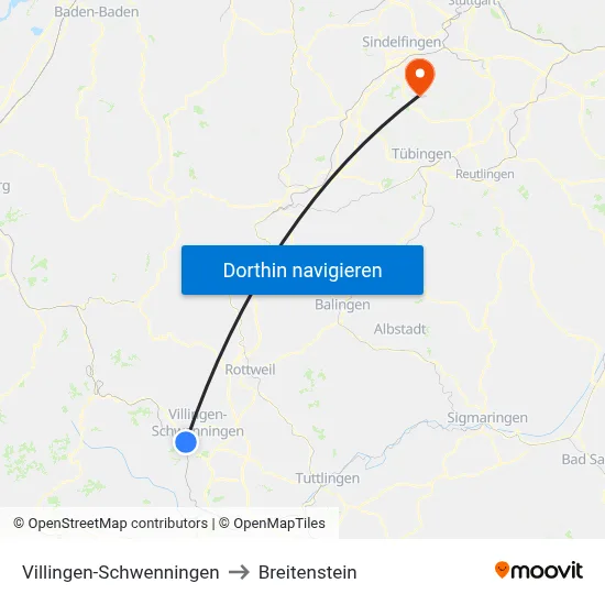 Villingen-Schwenningen to Breitenstein map
