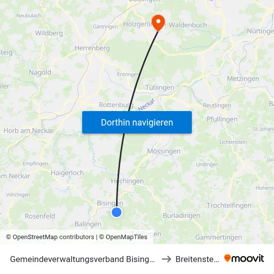 Gemeindeverwaltungsverband Bisingen to Breitenstein map