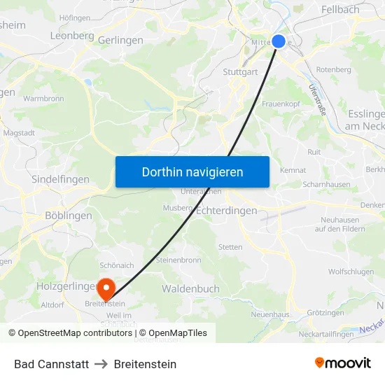 Bad Cannstatt to Breitenstein map