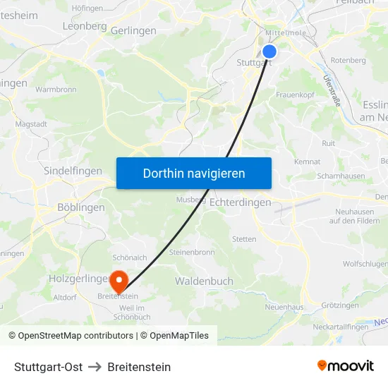 Stuttgart-Ost to Breitenstein map