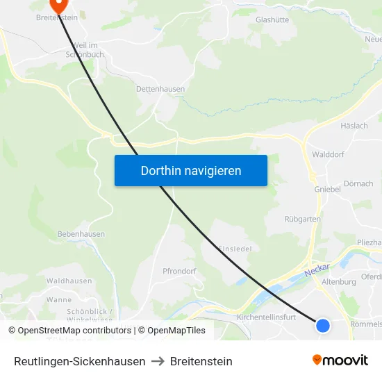 Reutlingen-Sickenhausen to Breitenstein map