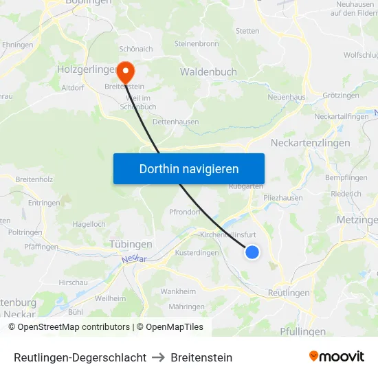 Reutlingen-Degerschlacht to Breitenstein map
