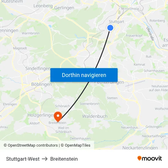 Stuttgart-West to Breitenstein map