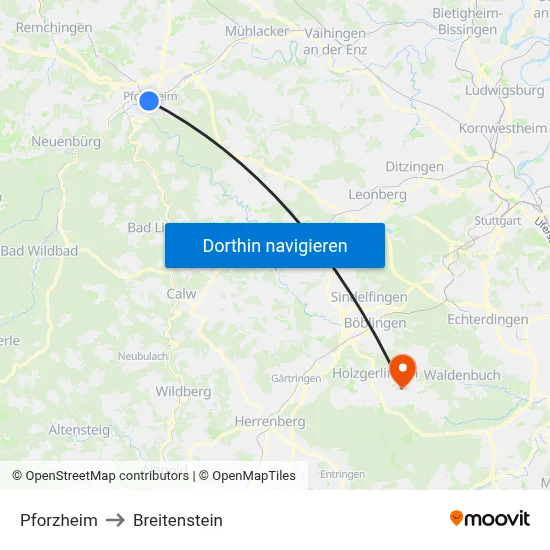 Pforzheim to Breitenstein map