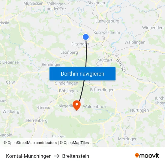 Korntal-Münchingen to Breitenstein map